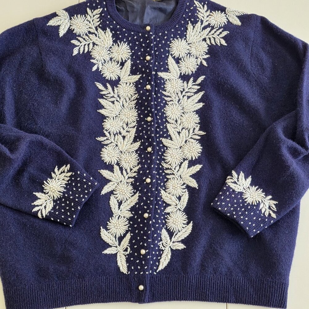 Vtg Embellished Beaded 1960s Cardigan Womens 44 L Blue Lined Floral Art To Wear - Picture 15 of 16
